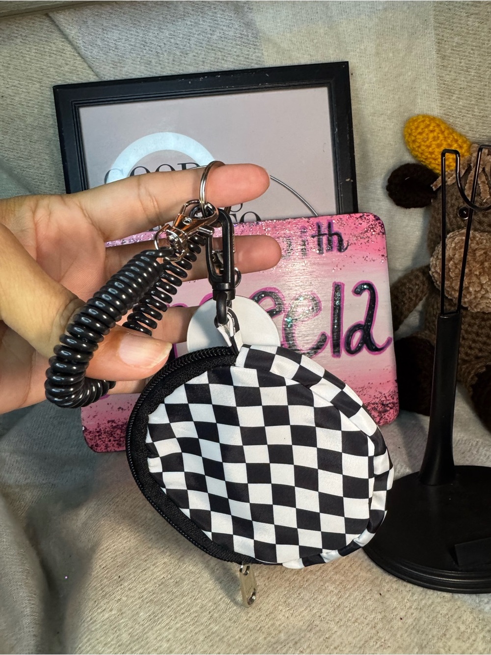 Checkerboard Coin & Key Pouch with Smiley Charm - Black & White - Picture 4 of 4